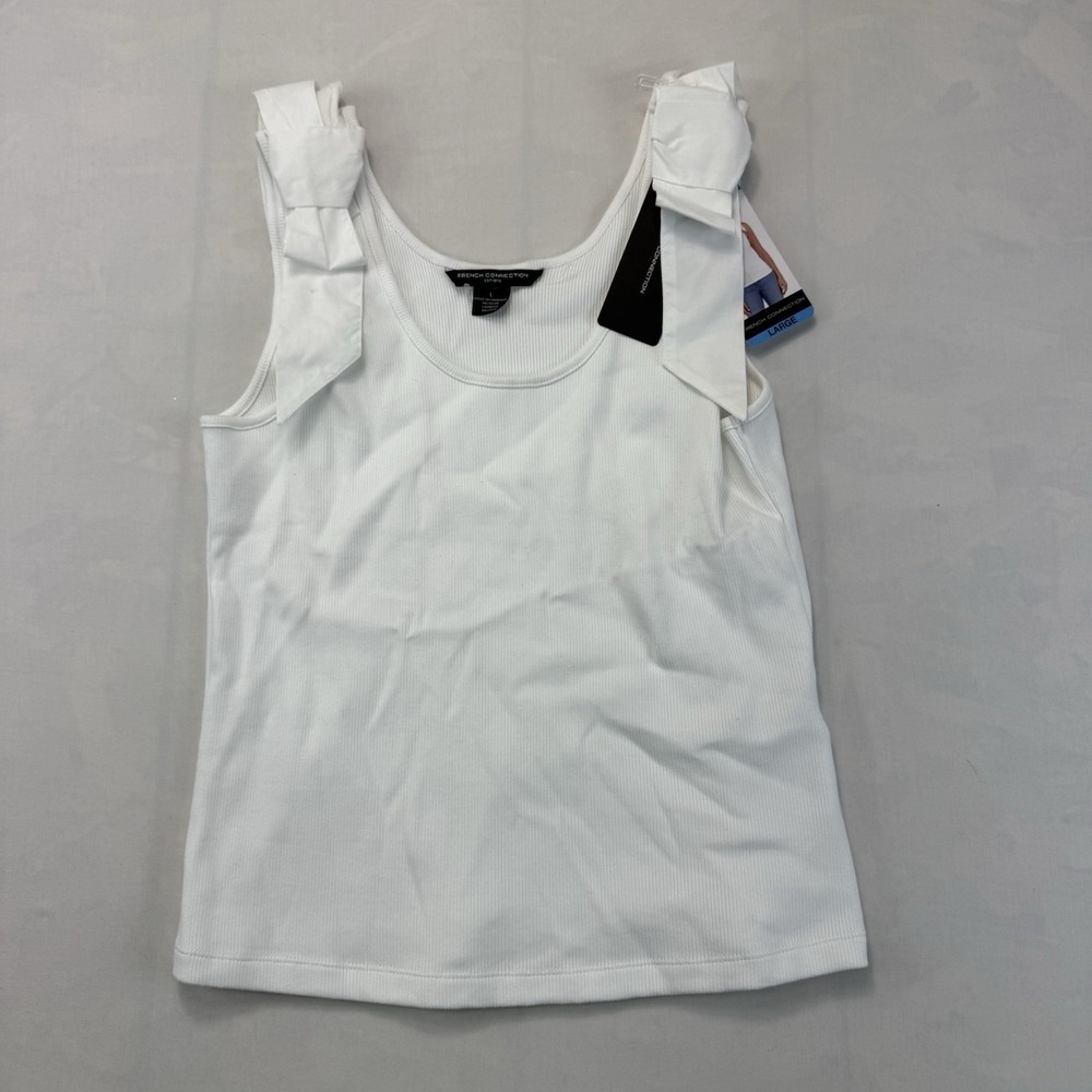 French Connection Women's Large White Ribbed Bow Strap Tank Top Sleeveless NWT